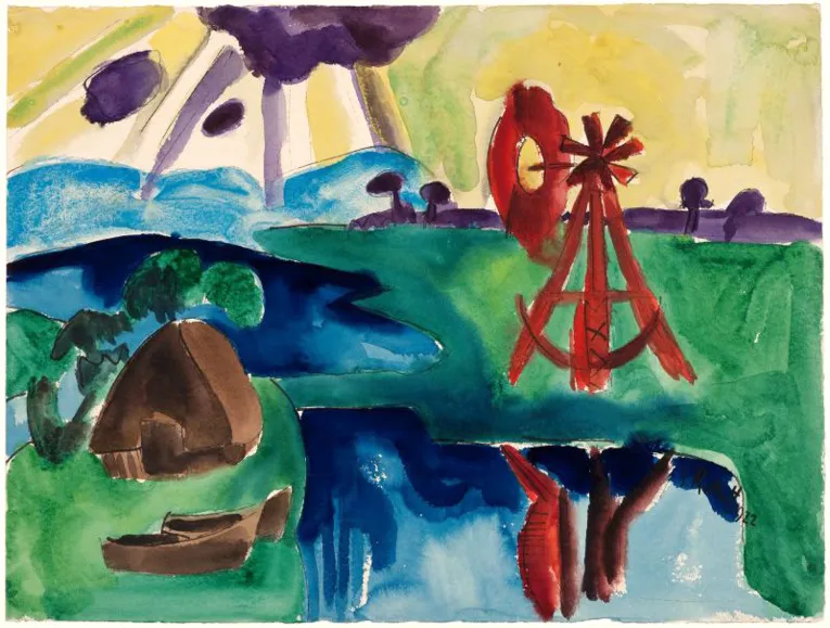 Karl Schmidt-Rottluff, Marschlandschaft mit rotem Windrad, Ansicht  
